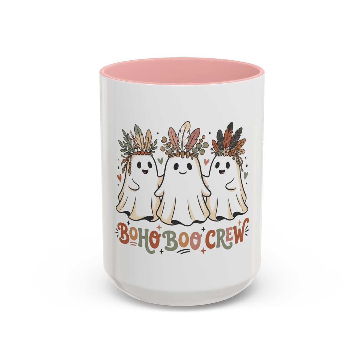Boho Boo Crew Coffee Mug — Cute Halloween Ghosts with Feather Crowns (11/15oz)
