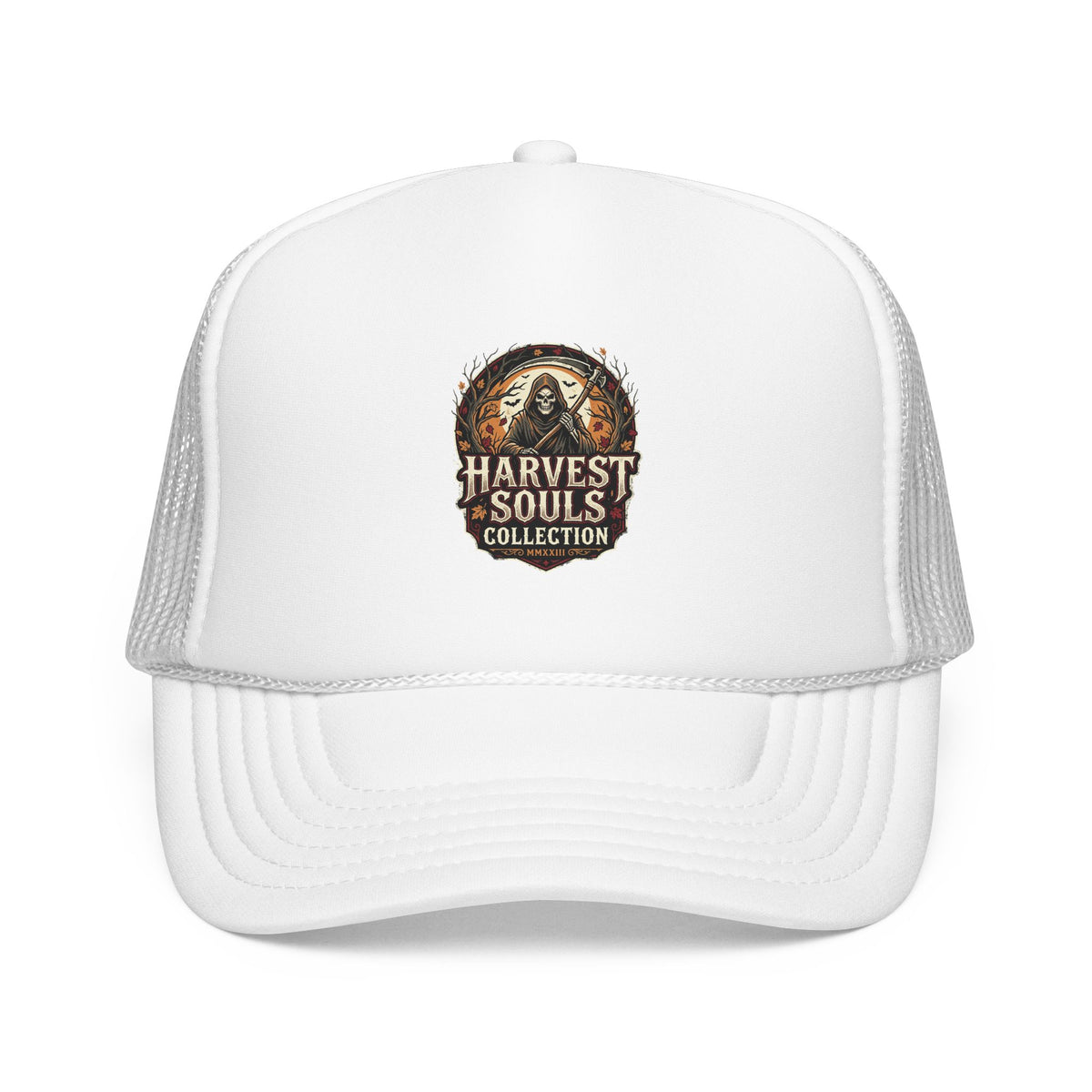 Harvest Souls Trucker Hat – Gothic Skull Foil Logo Cap