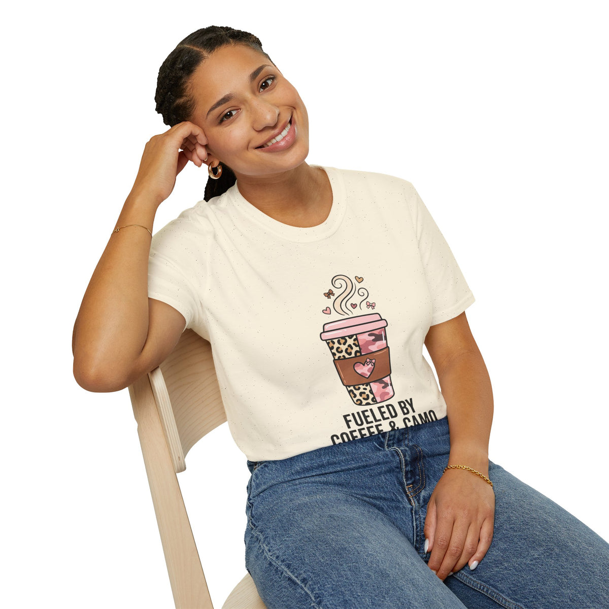 Fueled by Coffee & Camo T-Shirt — Cute Leopard Travel Coffee Cup Tee