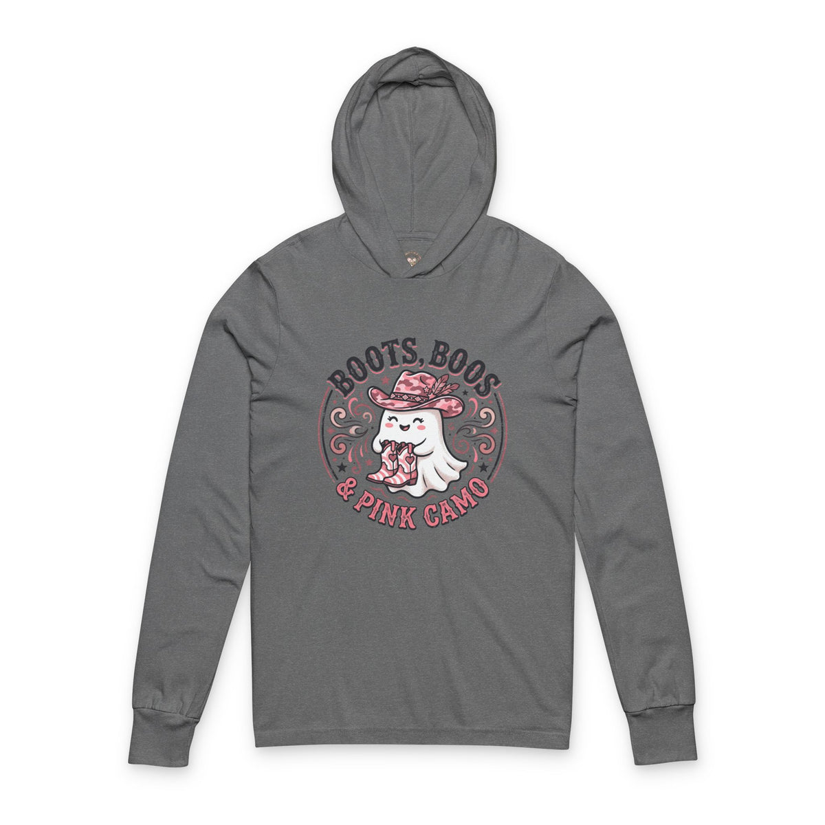 Boots, Boos & Pink Camo Hooded Tee — Cute Ghost Graphic Long-Sleeve Hoodie Shirt