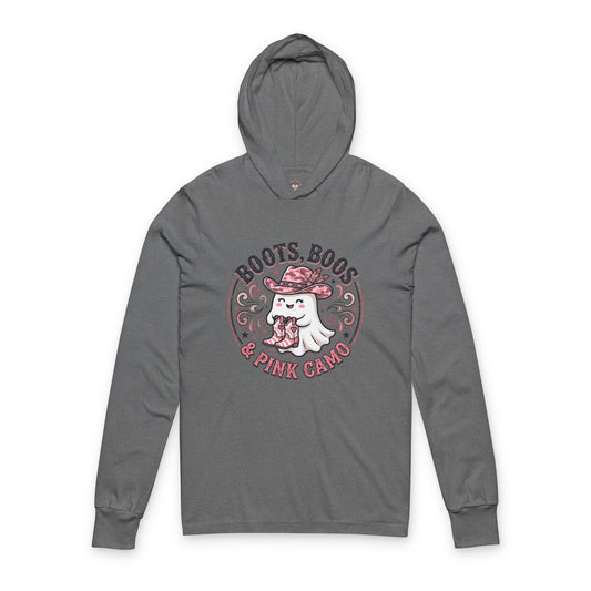 Boots, Boos & Pink Camo Hooded Tee — Cute Ghost Graphic Long-Sleeve Hoodie Shirt