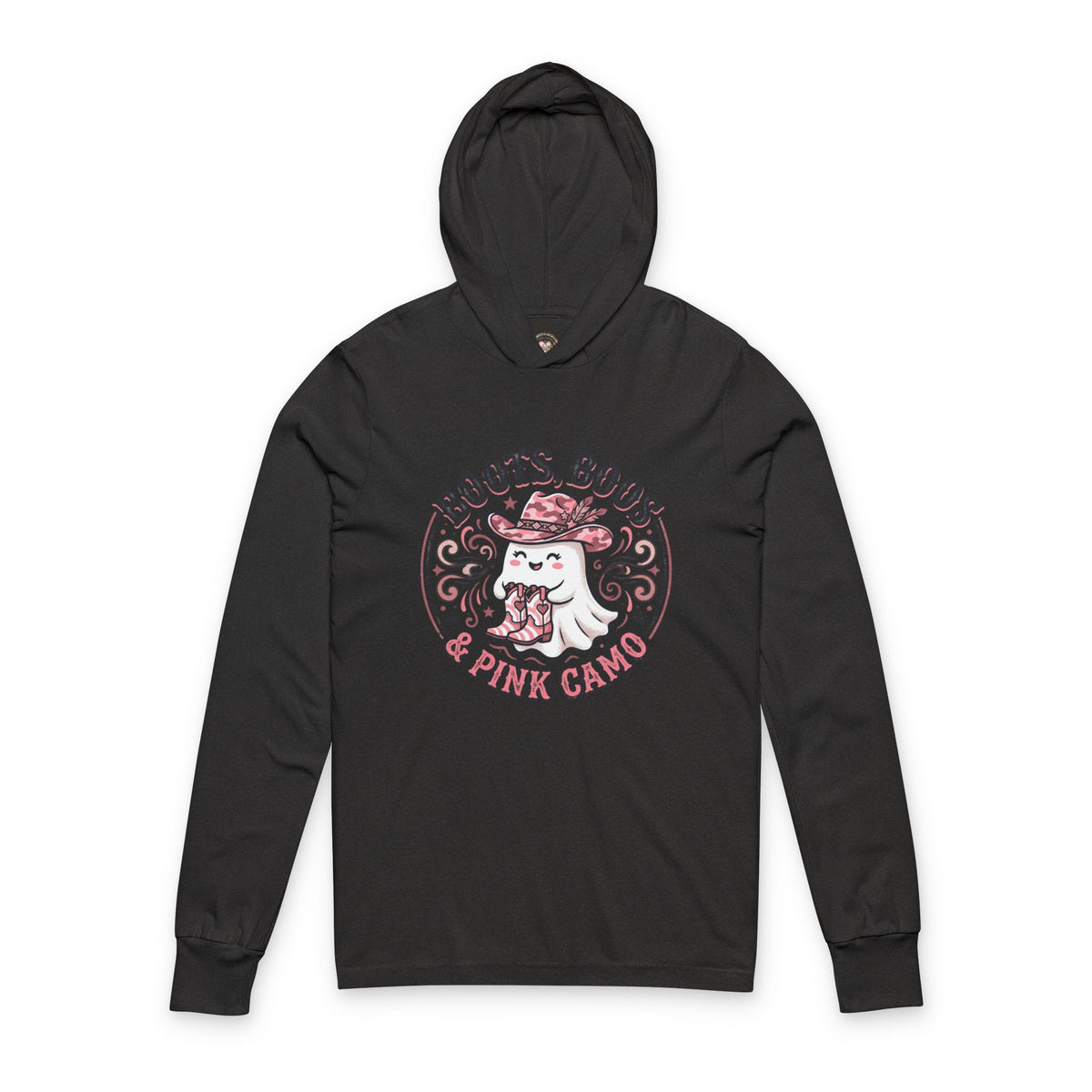 Boots, Boos & Pink Camo Hooded Tee — Cute Ghost Graphic Long-Sleeve Hoodie Shirt