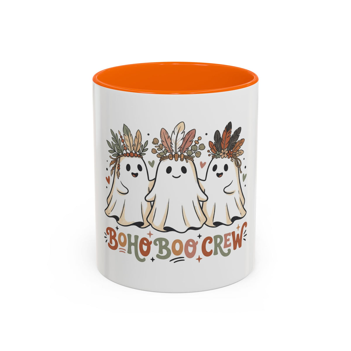 Boho Boo Crew Coffee Mug — Cute Halloween Ghosts with Feather Crowns (11/15oz)