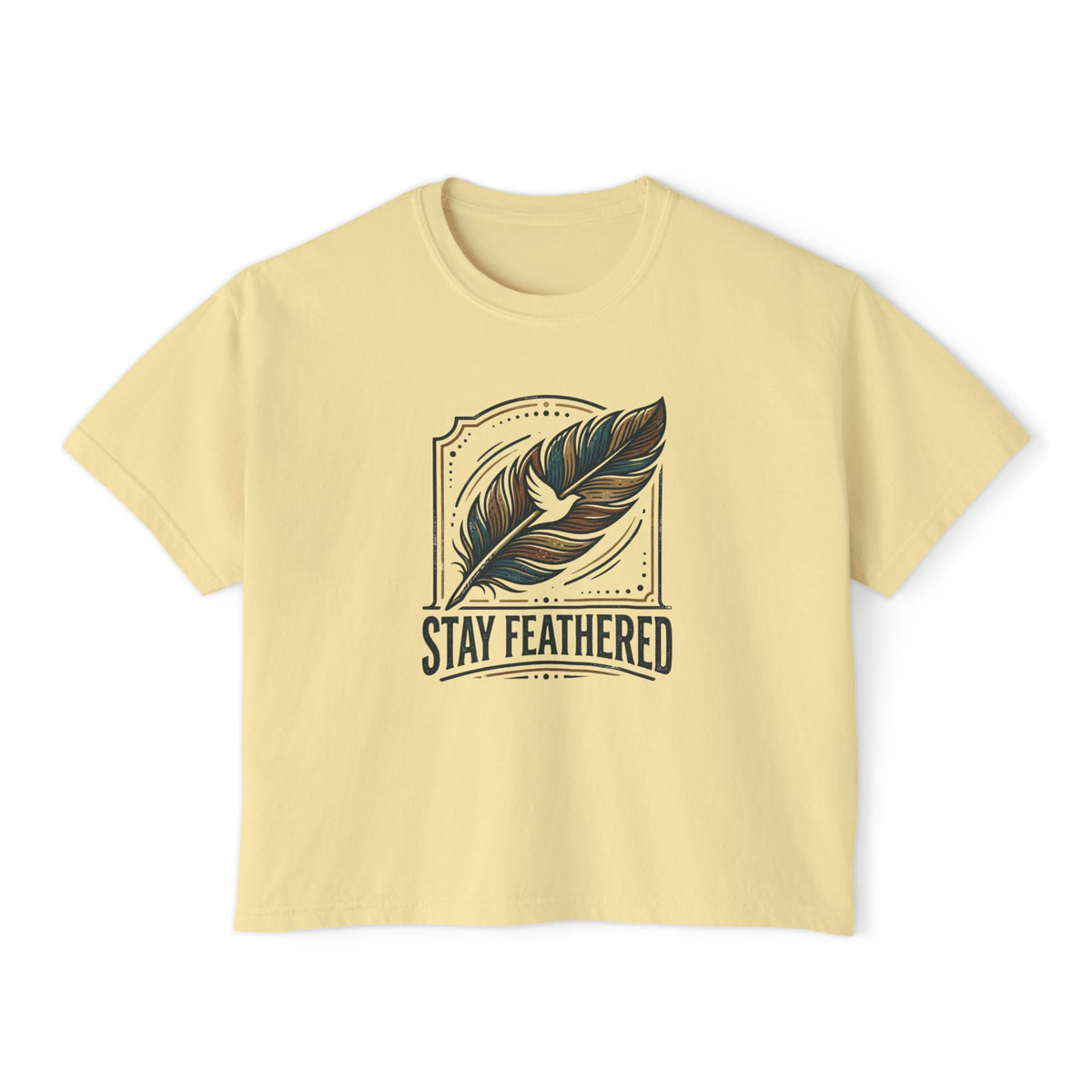Stay Feathered Women's Boxy Tee — Boho Feather Graphic Tee