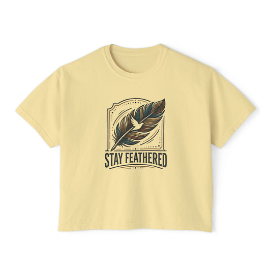 Stay Feathered Women's Boxy Tee — Boho Feather Graphic Tee