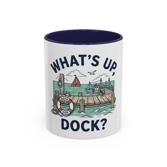 "What's Up, Dock?" Nautical Coffee Mug — Harbor Pier Boat Illustration (11/15 oz)