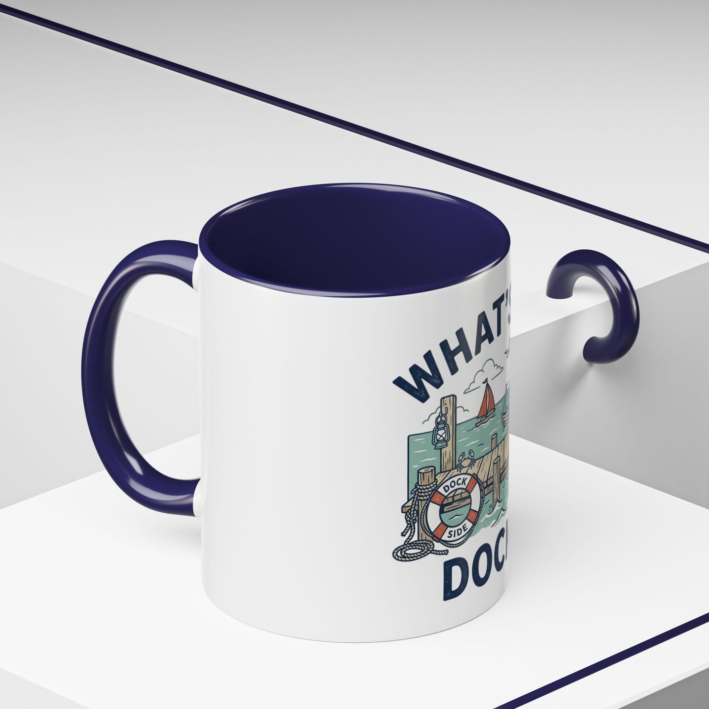"What's Up, Dock?" Nautical Coffee Mug — Harbor Pier Boat Illustration (11/15 oz)