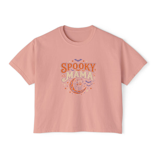 Spooky Mama Boxy Tee — Halloween Moon & Bats Graphic