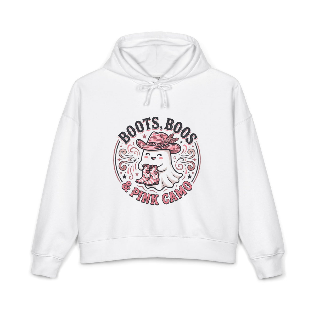 Women's 'Boots, Boos & Pink Camo' Hoodie — Cute Cowgirl Halloween Sweatshirt
