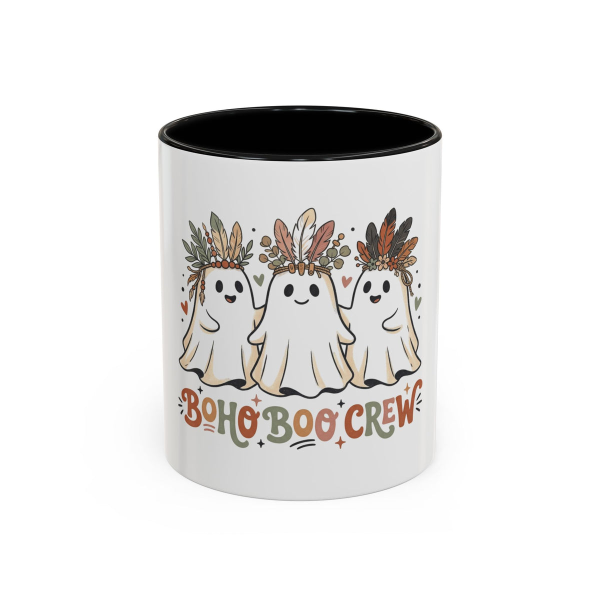 Boho Boo Crew Coffee Mug — Cute Halloween Ghosts with Feather Crowns (11/15oz)