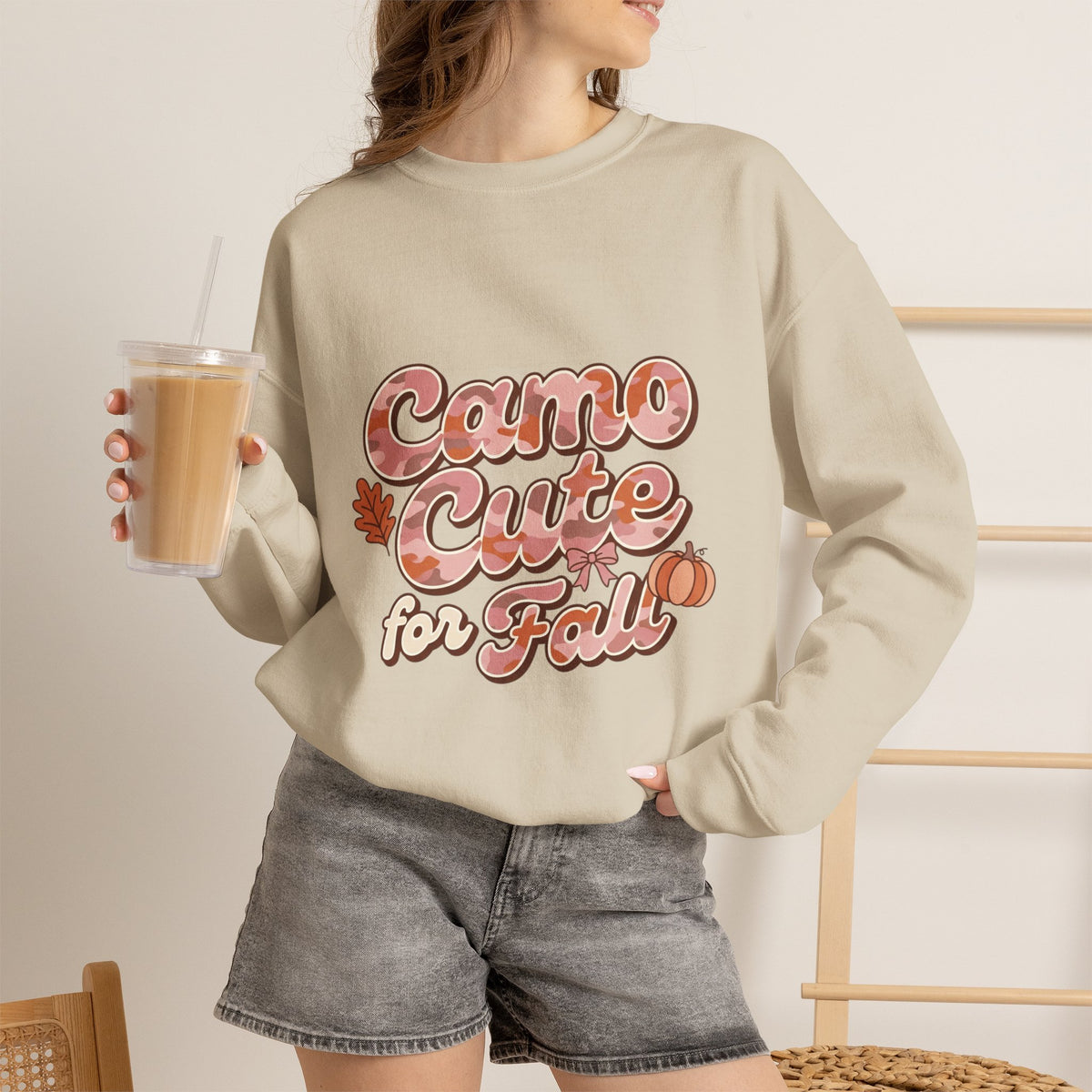 Fall 'Camo Cute for Fall' Crewneck Sweatshirt — Women's Autumn Graphic Pullover