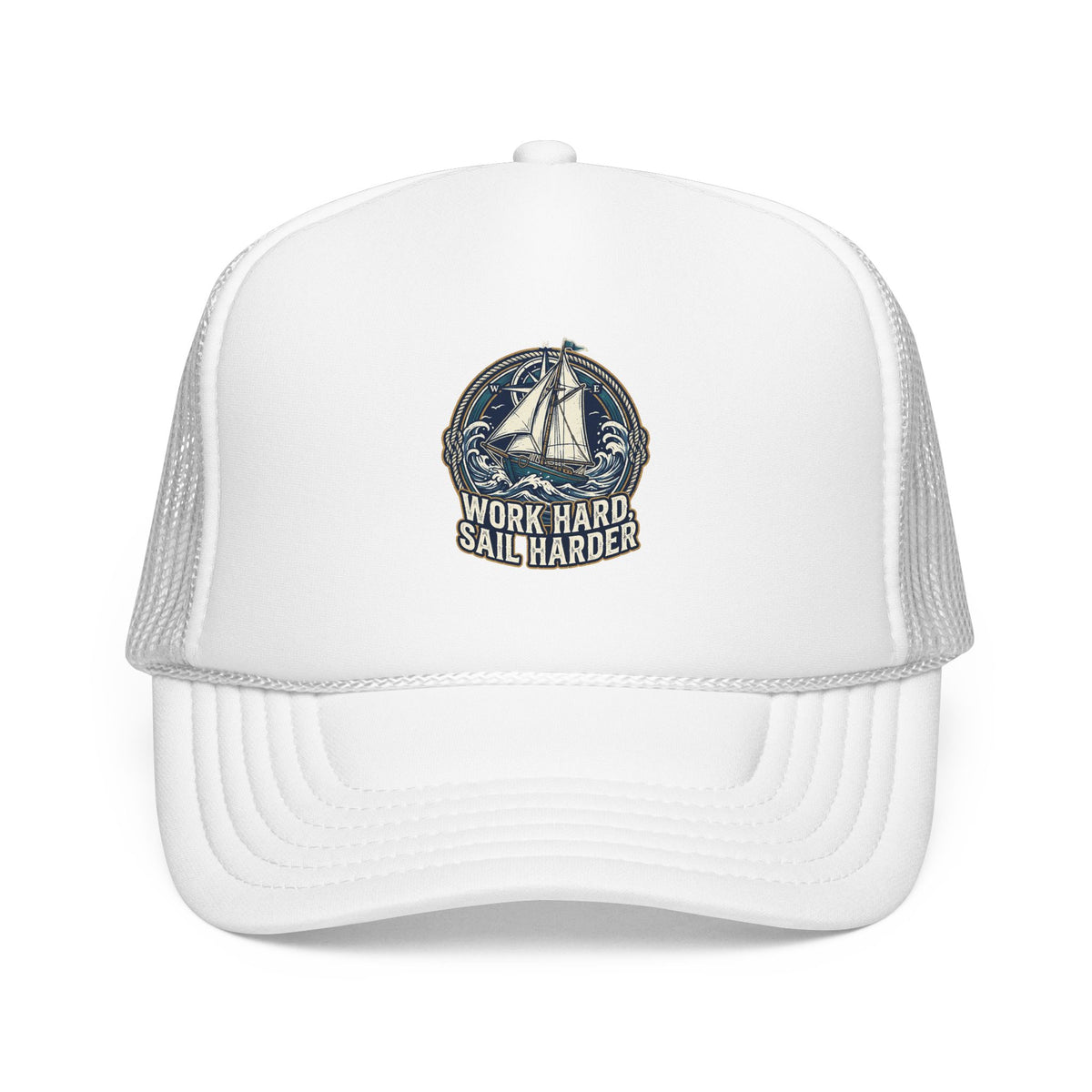 Trucker Hat — 'Work Hard Sail Harder' Vintage Sailboat Mesh Cap
