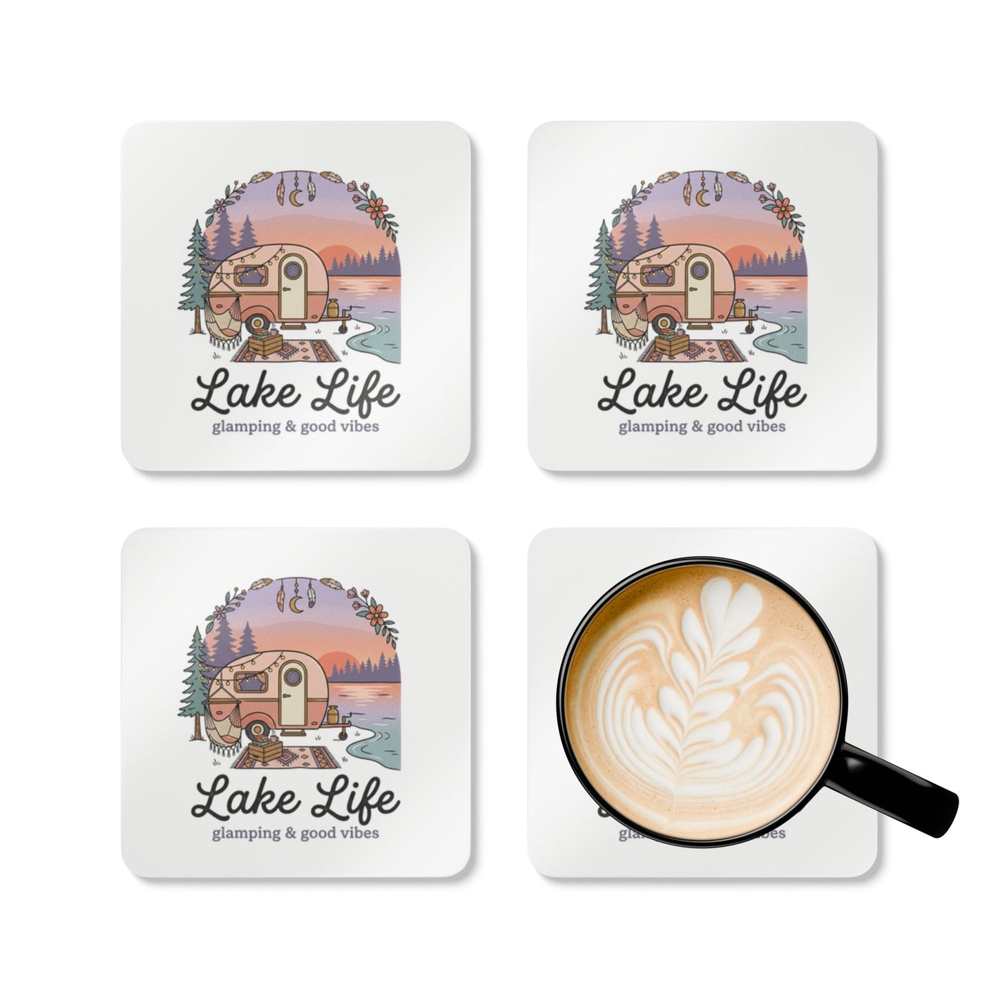 Lake Life Cork Coaster Set – 'Lake Life: glamping & good vibes' Camper Coasters