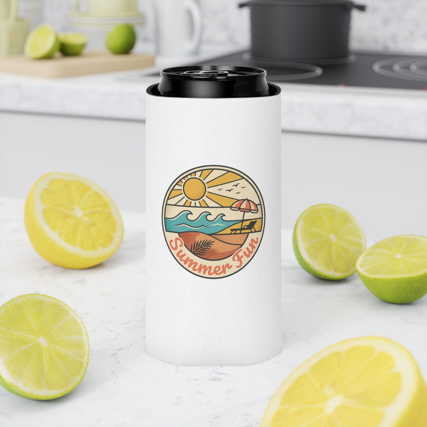 Can Cooler — "Summer Fun" Beach Scene Neoprene Beer Cozy