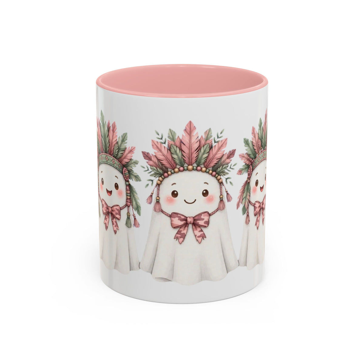 Cute Ghost Mug with Floral Feather Headdress – Pink Accent Coffee Cup (11/15 oz)