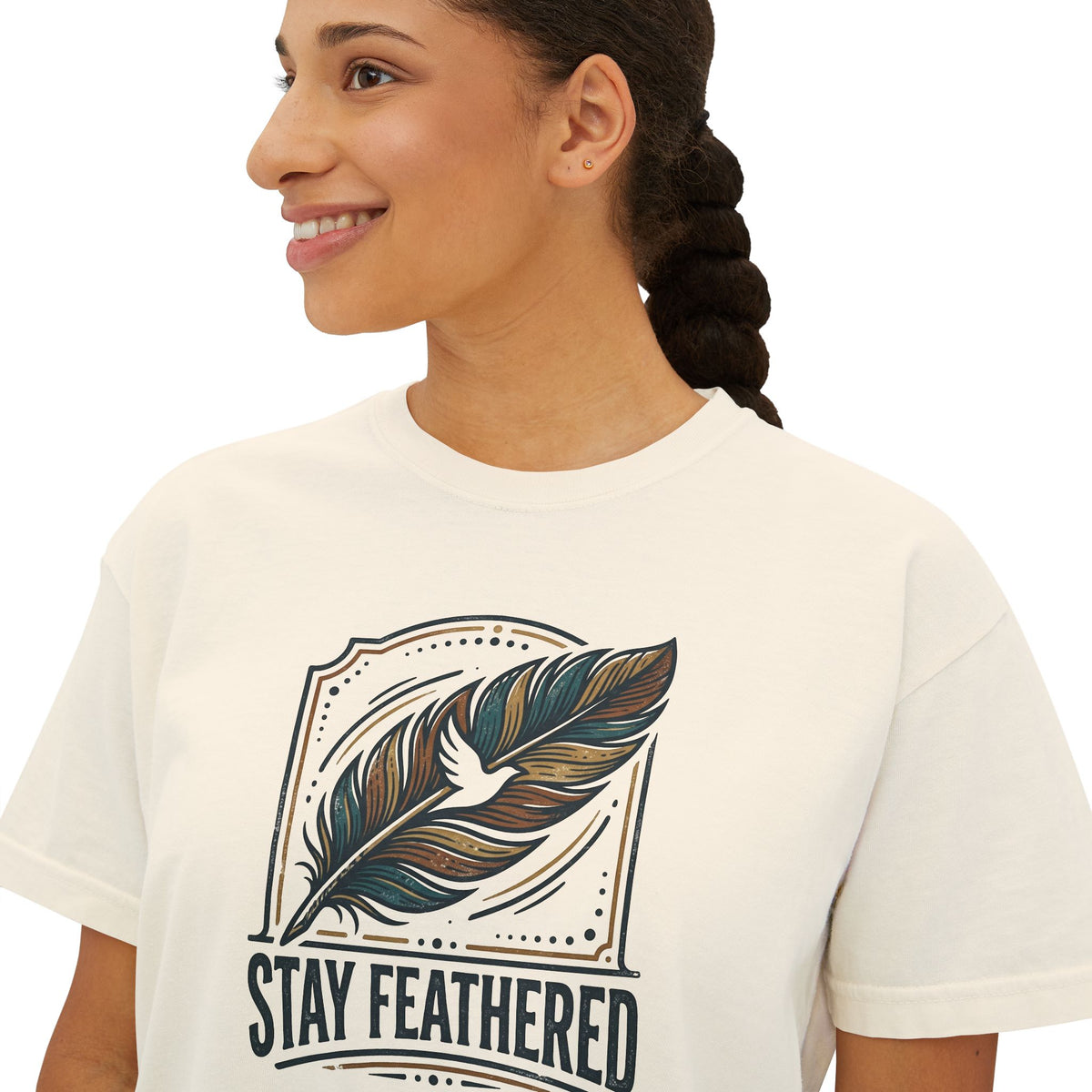 Stay Feathered Women's Boxy Tee — Boho Feather Graphic Tee