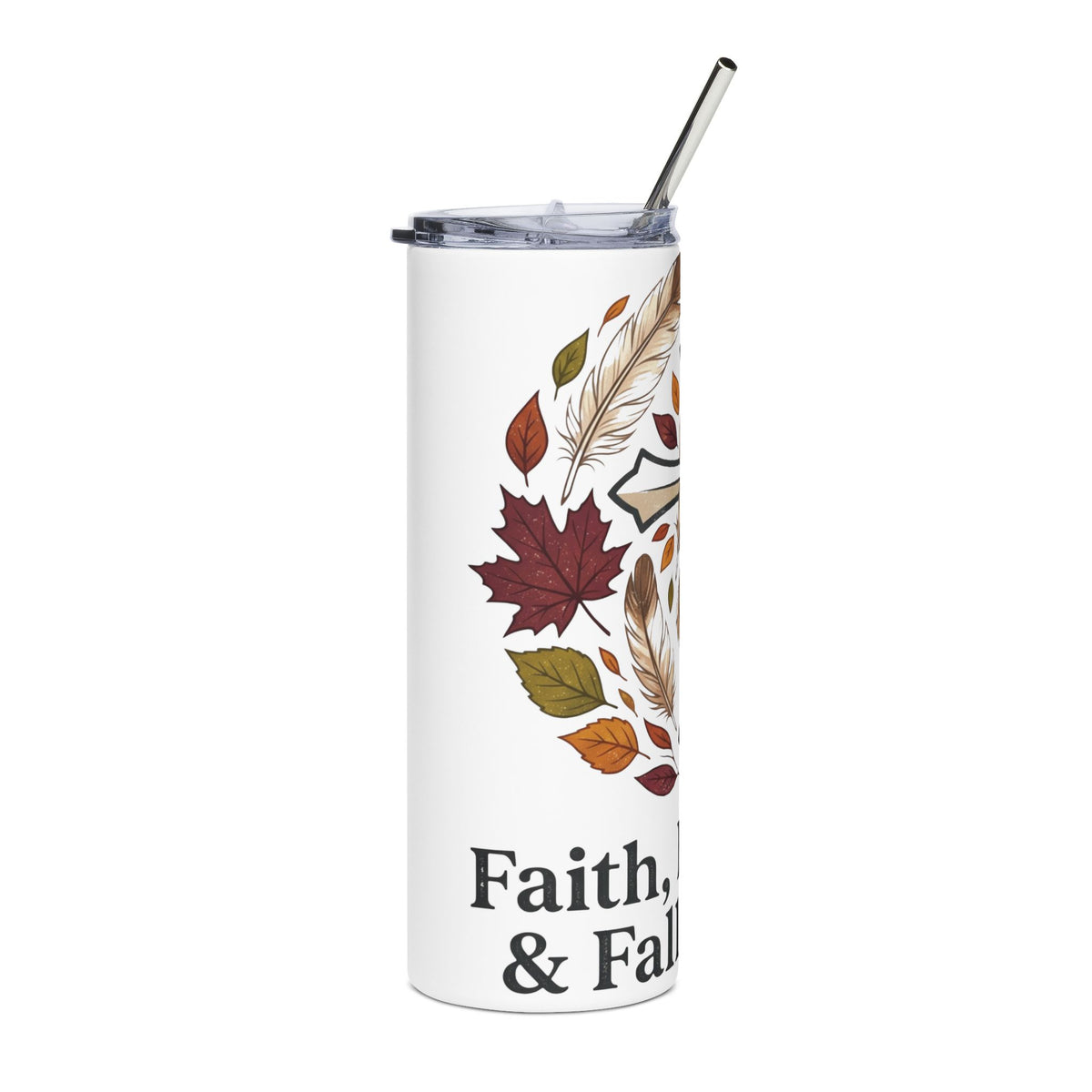 Faith Cross Tumbler — Autumn Leaves & Feathers 20oz Stainless Steel Travel Cup