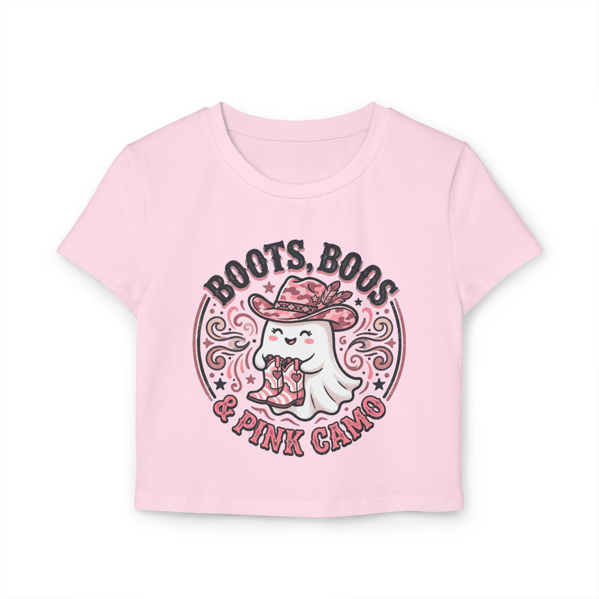 Women's Baby Tee — 'Boots, Boos & Pink Camo' Cute Cowgirl Ghost Graphic Tee