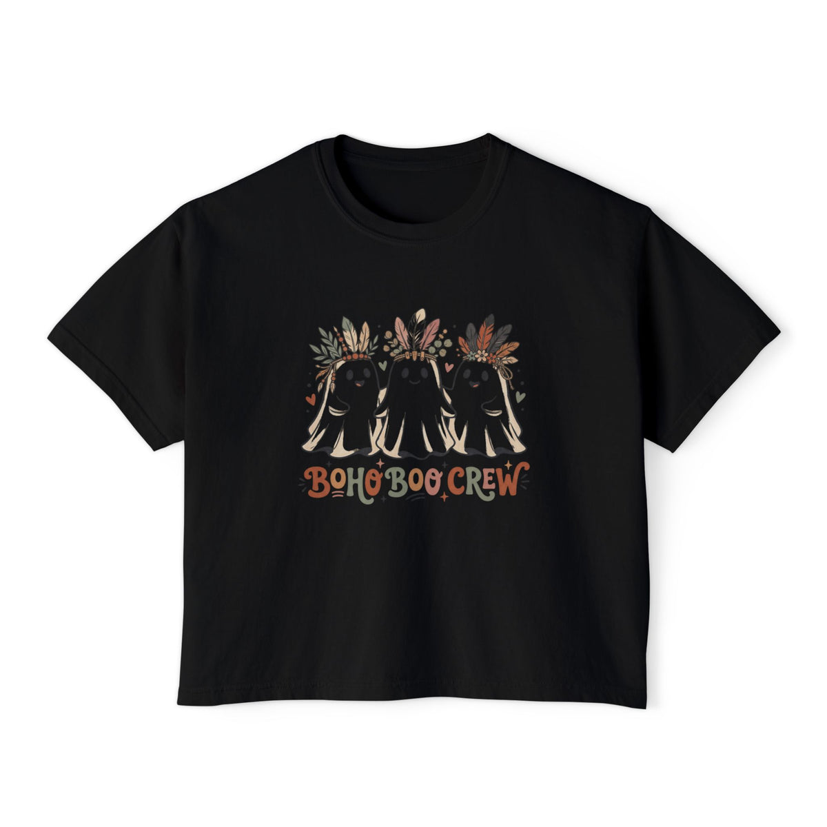 Boho Boo Crew Women's Boxy Tee - Cute Ghosts with Floral Crowns Halloween Shirt