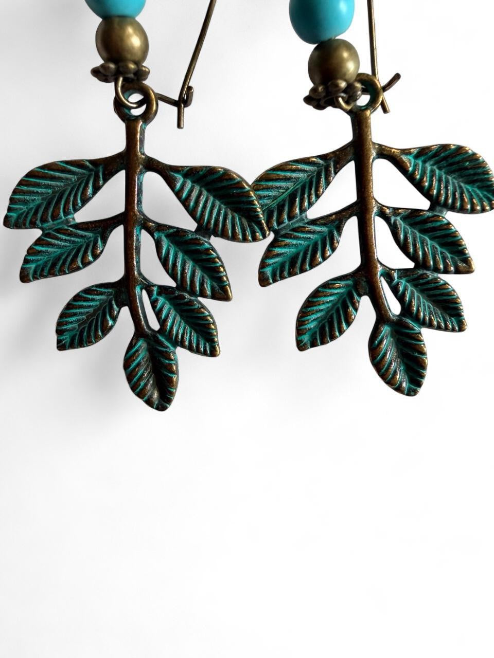 Green Leaf Earrings with Turquoise Bead