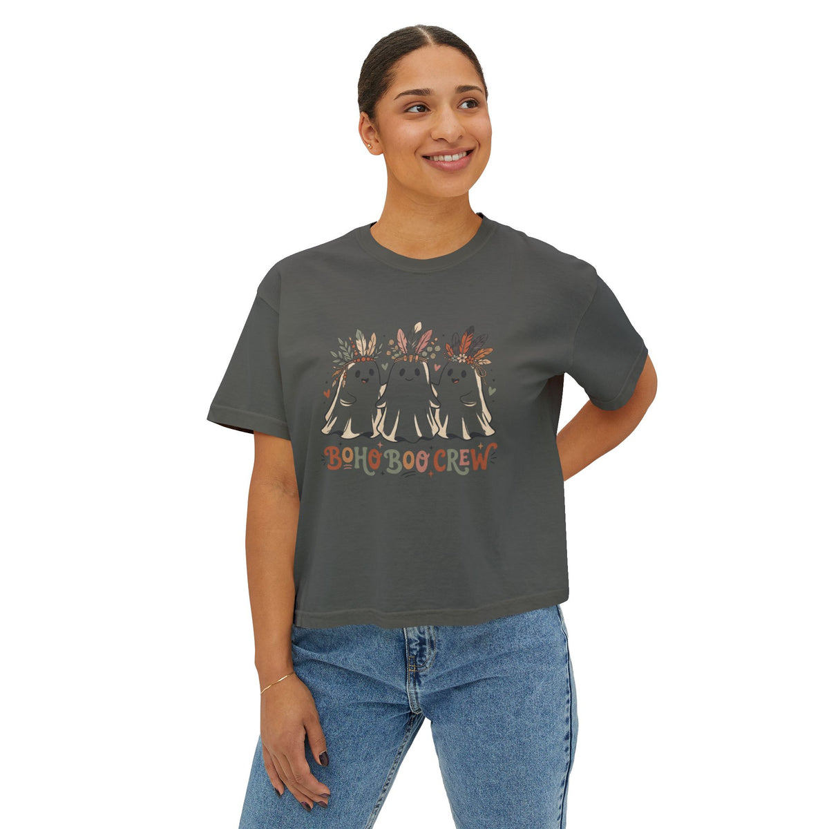 Boho Boo Crew Women's Boxy Tee - Cute Ghosts with Floral Crowns Halloween Shirt