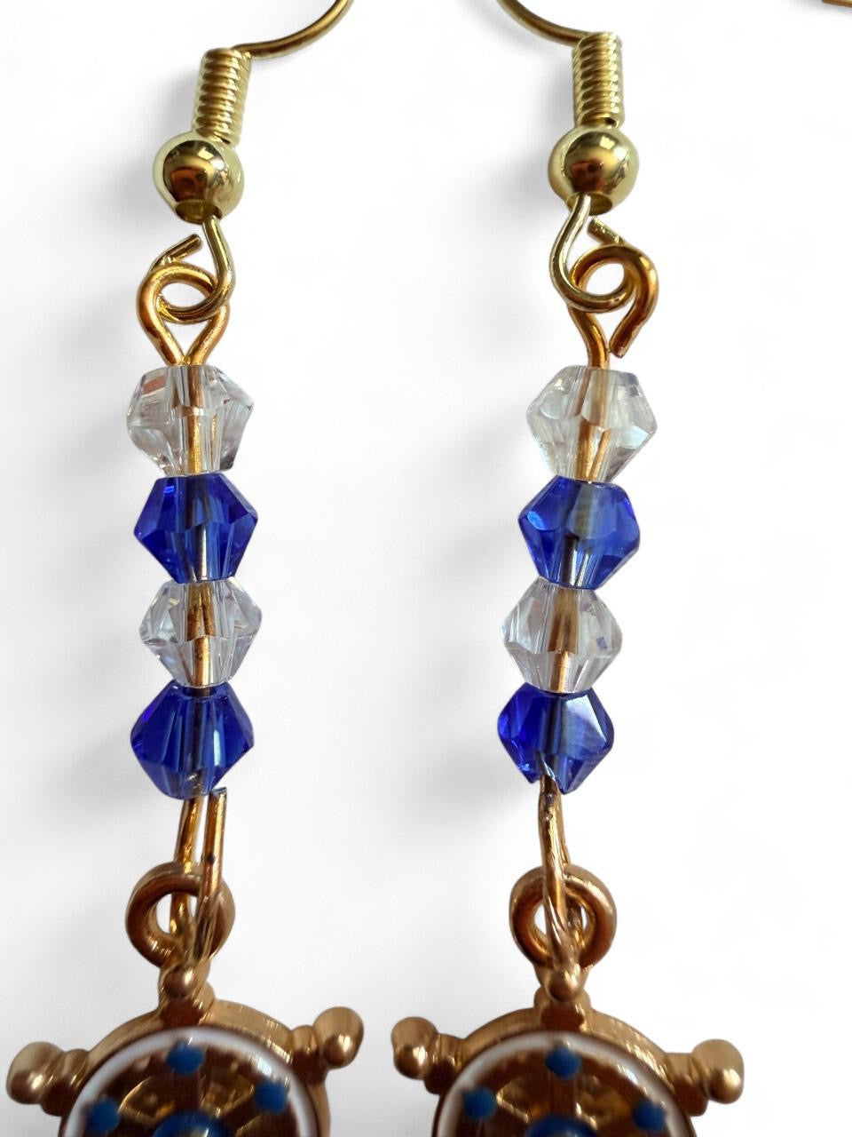 End of Summer Americana Ship Wheel Earrings - Blue and White Nautical Dangle