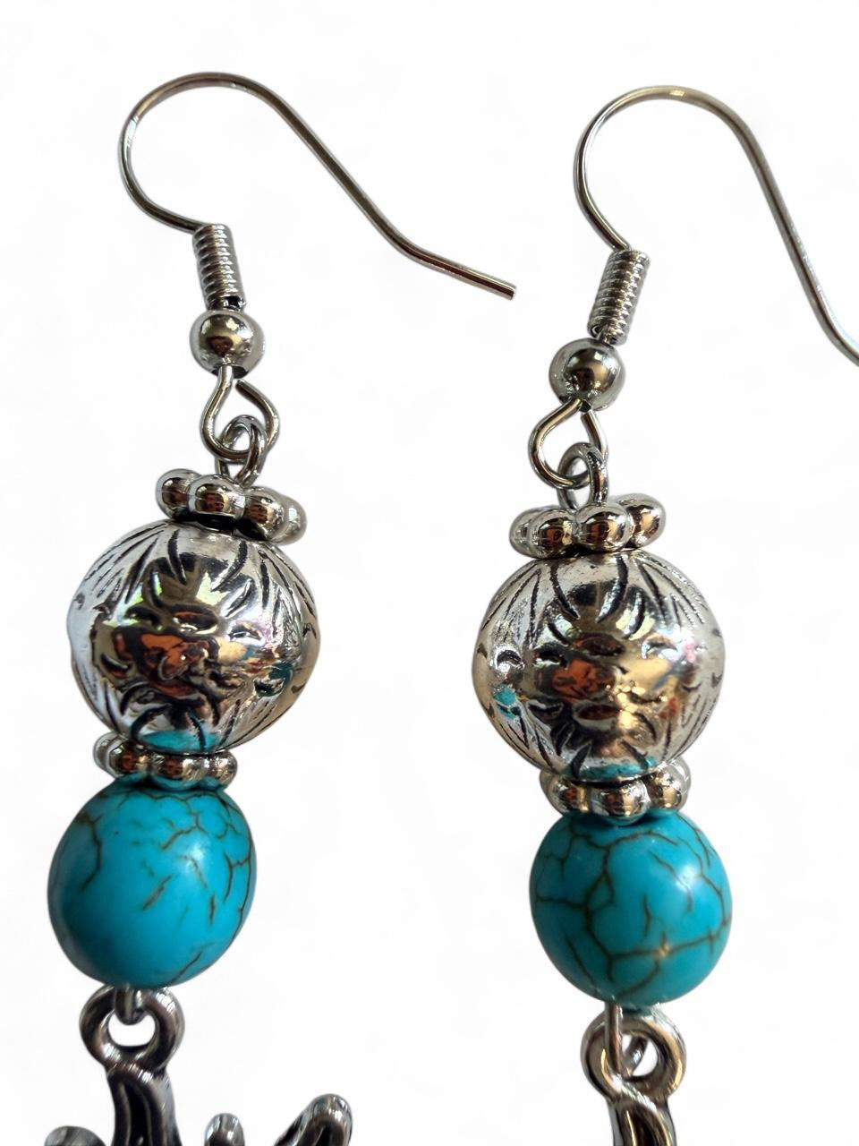Handcrafted Antique Silver & Turquoise Beaded Celestial Sun Dangle Earrings