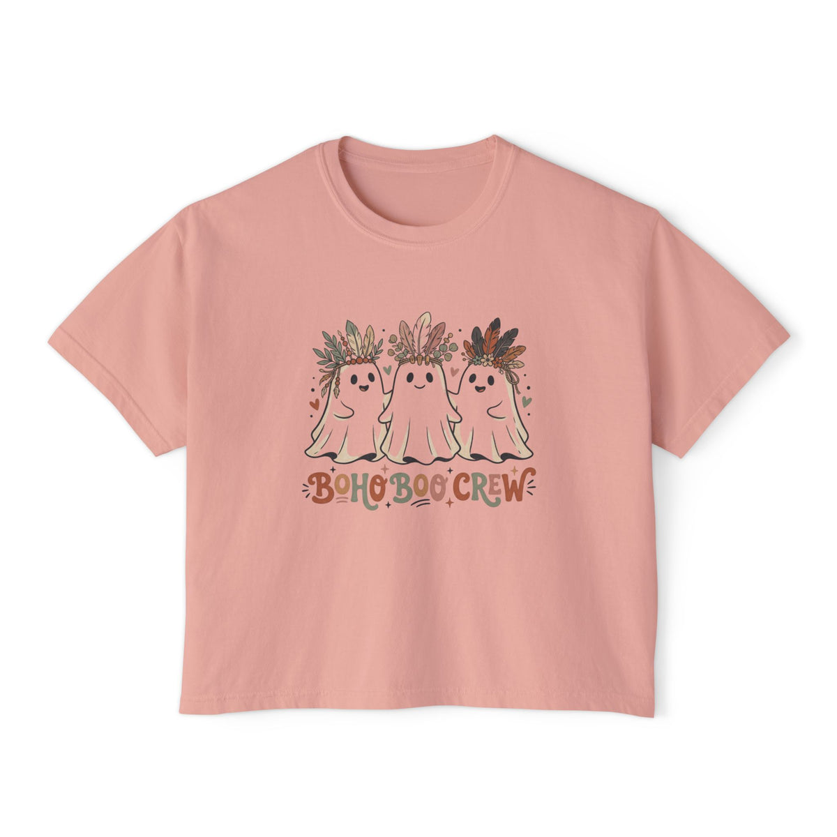Boho Boo Crew Women's Boxy Tee - Cute Ghosts with Floral Crowns Halloween Shirt