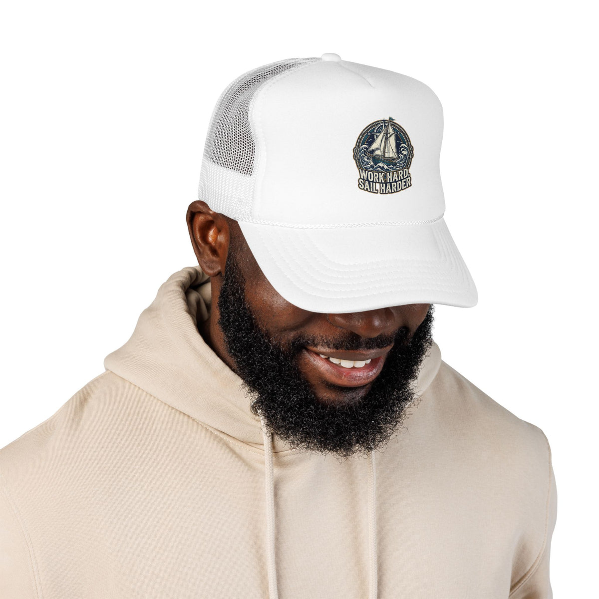Trucker Hat — 'Work Hard Sail Harder' Vintage Sailboat Mesh Cap