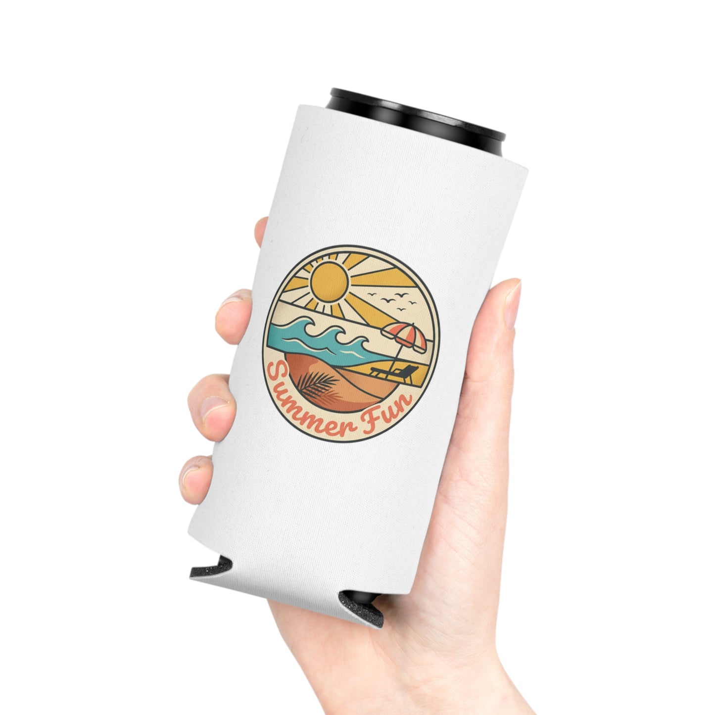 Can Cooler — "Summer Fun" Beach Scene Neoprene Beer Cozy