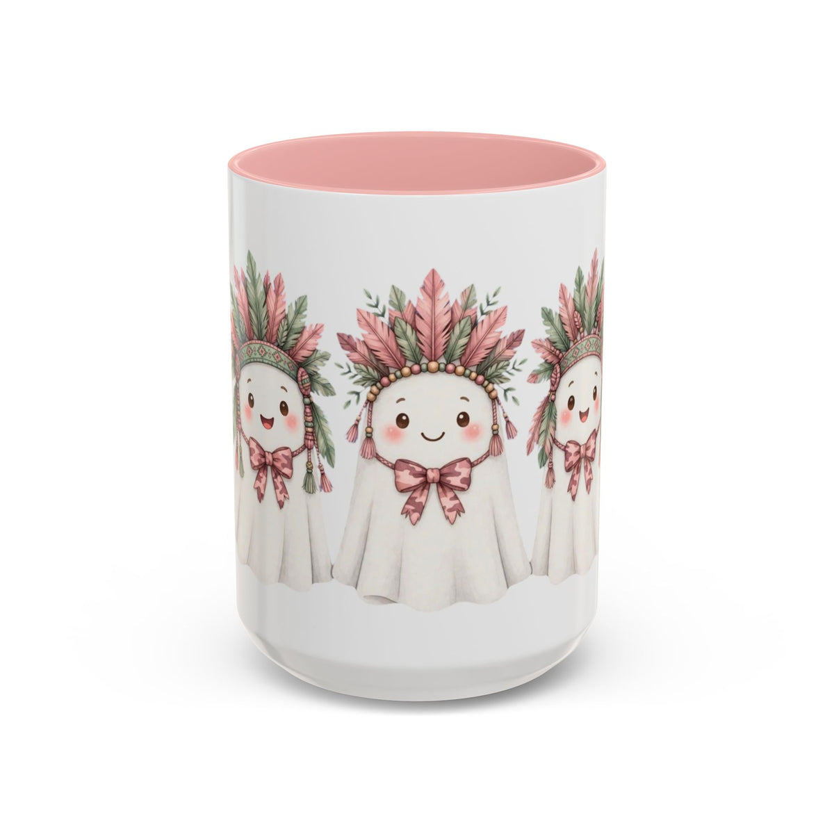 Cute Ghost Mug with Floral Feather Headdress – Pink Accent Coffee Cup (11/15 oz)