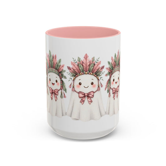 Cute Ghost Mug with Floral Feather Headdress – Pink Accent Coffee Cup (11/15 oz)