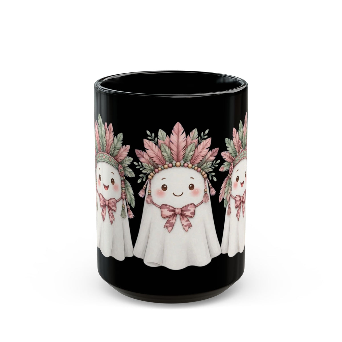 Cute Ghost Mug with Feather Headdress — Halloween Coffee Cup