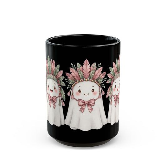 Cute Ghost Mug with Feather Headdress — Halloween Coffee Cup