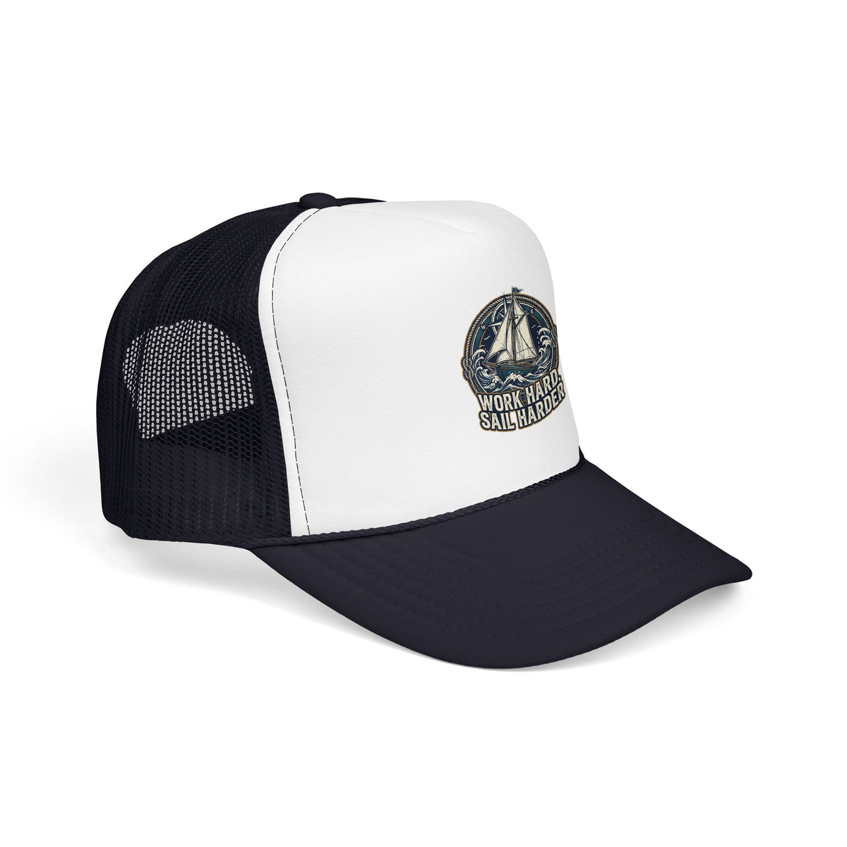 Trucker Hat — 'Work Hard Sail Harder' Vintage Sailboat Mesh Cap