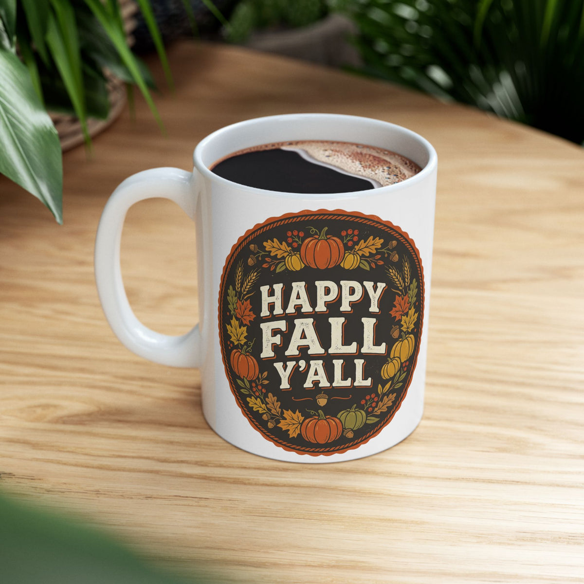 Happy Fall Y'all Ceramic Mug — Autumn Pumpkin & Leaves Coffee Cup (11oz, 15oz)