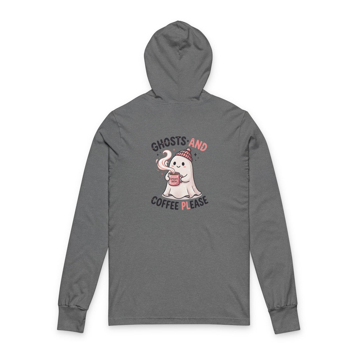 Long Sleeve Hoodie — "Ghosts and Coffee Please" Cute Ghost Graphic