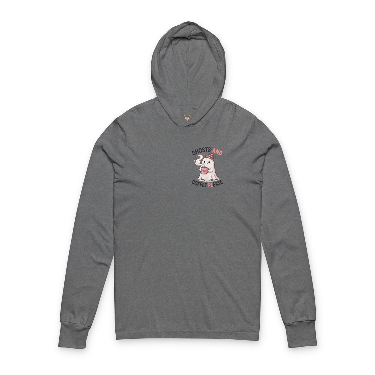 Long Sleeve Hoodie — "Ghosts and Coffee Please" Cute Ghost Graphic
