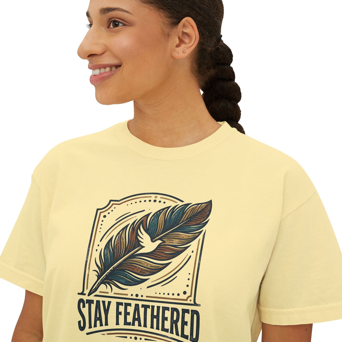 Stay Feathered Women's Boxy Tee — Boho Feather Graphic Tee
