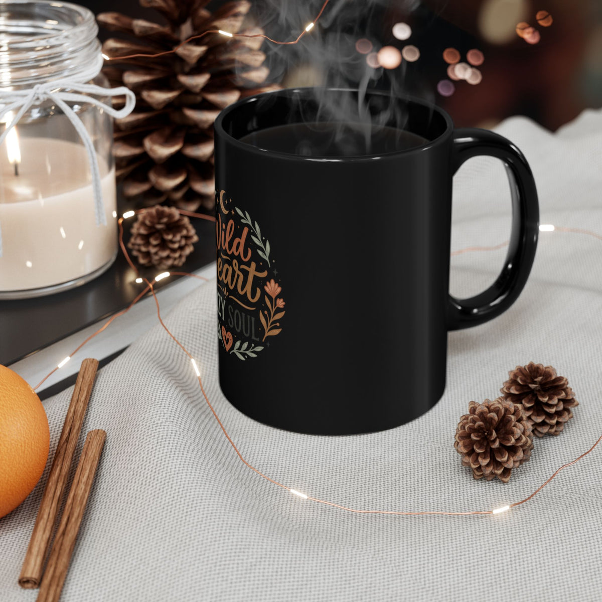Wild Heart Cozy Soul Black Mug — Inspirational Floral Coffee Cup (11oz & 15oz)