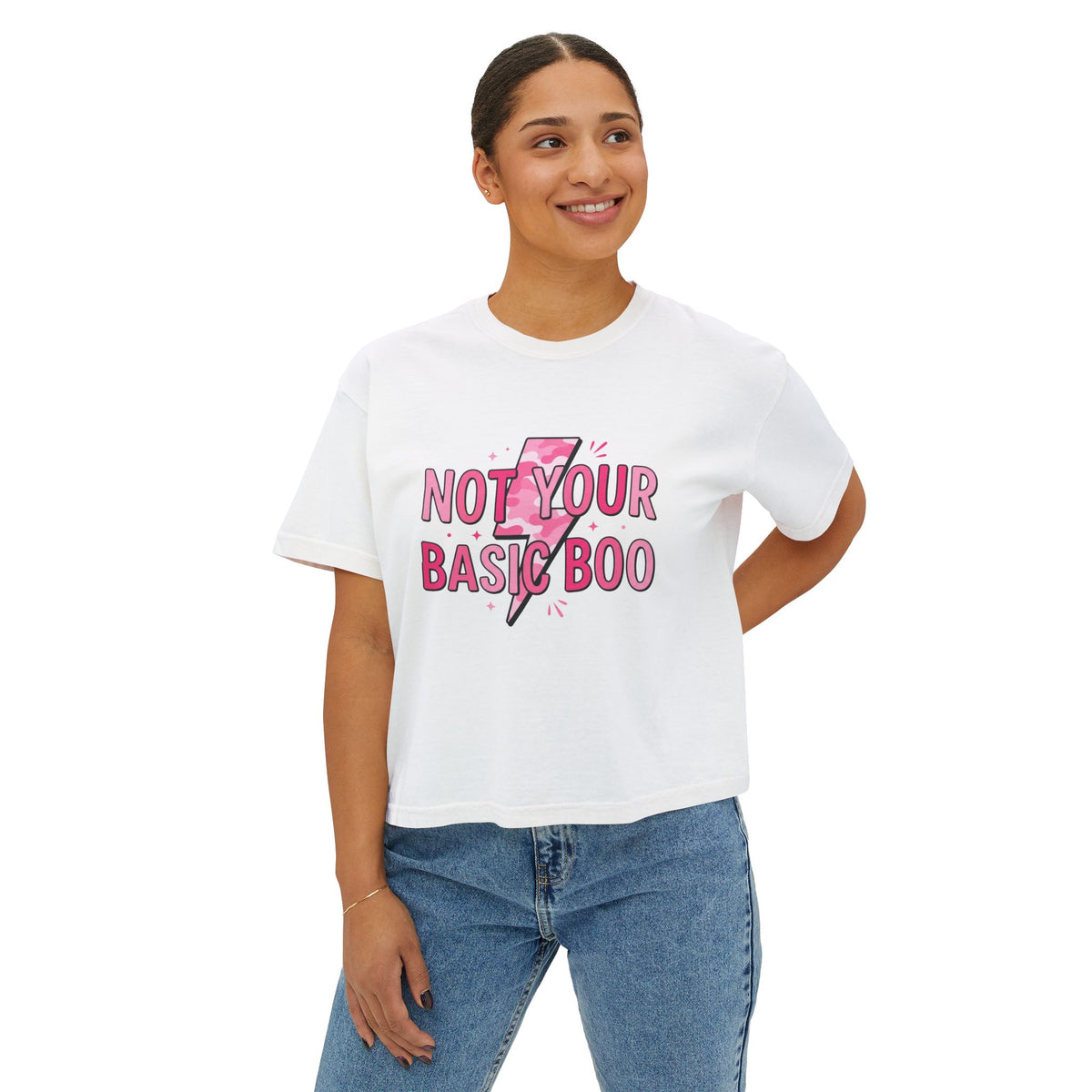 Not Your Basic Boo Women's Boxy Tee — Pink Lightning Graphic