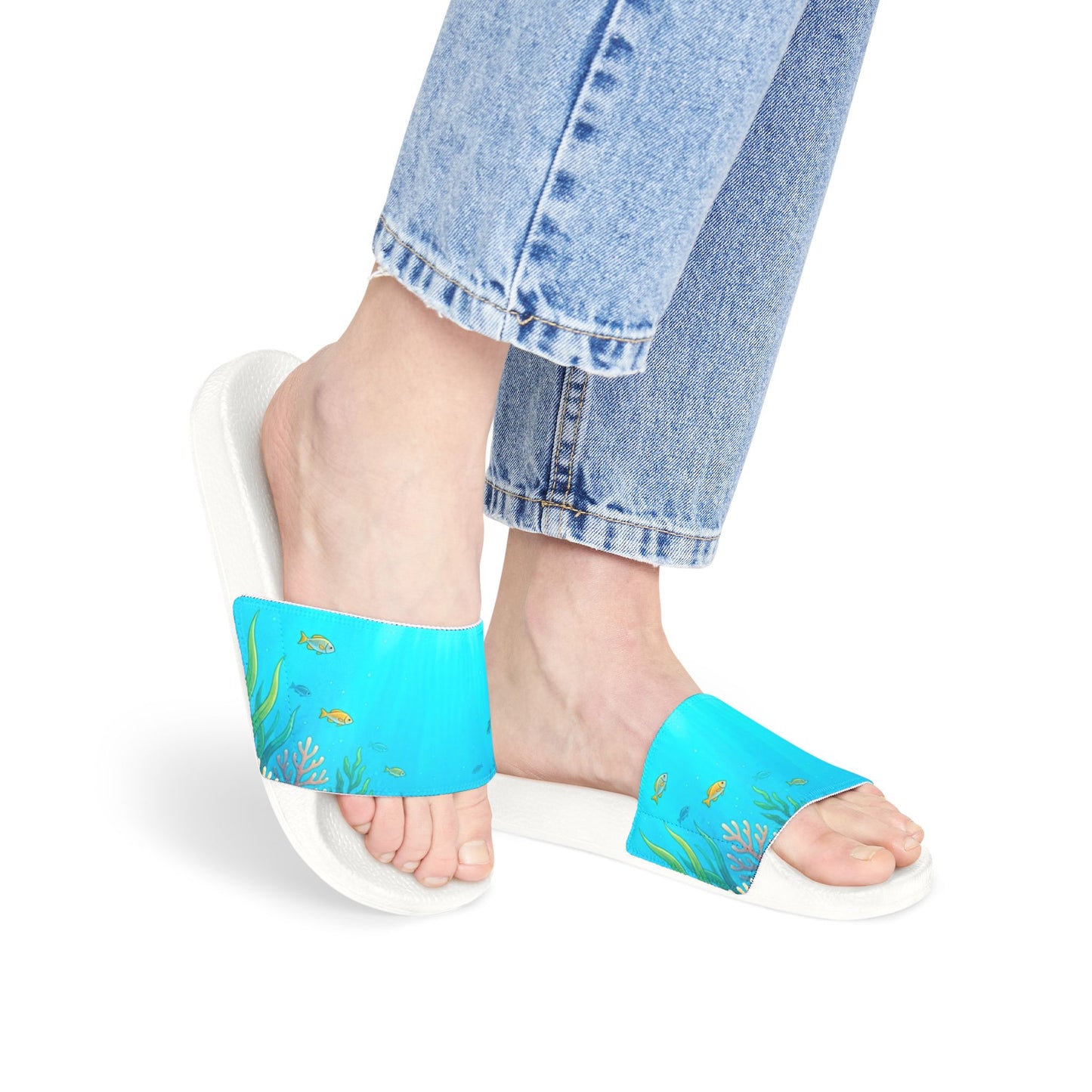 Women's Removable-Strap Slide Sandals — Aqua Gradient with Gold Leaf Accent