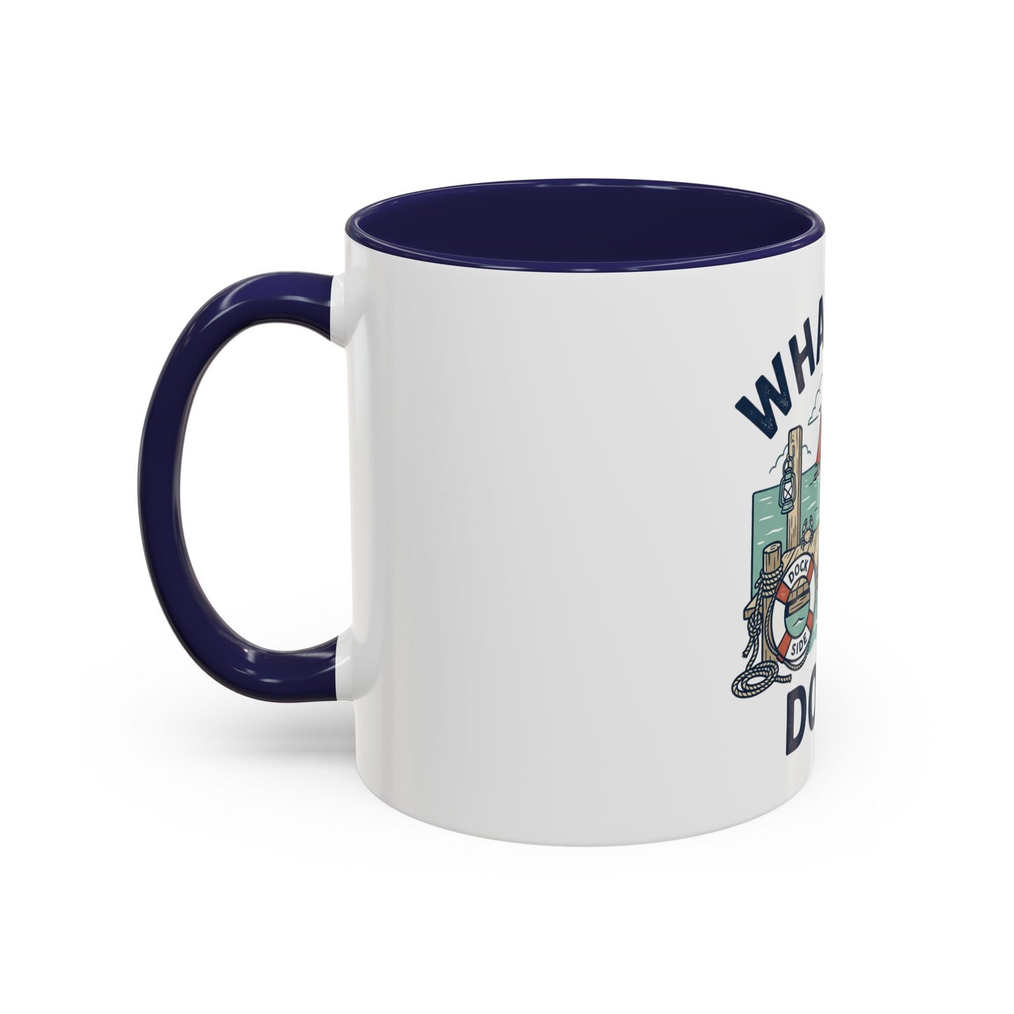 "What's Up, Dock?" Nautical Coffee Mug — Harbor Pier Boat Illustration (11/15 oz)
