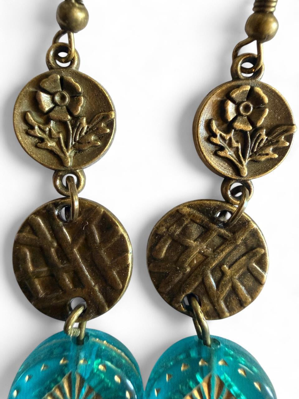 Product Title: Handmade Vintage-Inspired Bronze Floral & Aqua Blue Dangle Earrings