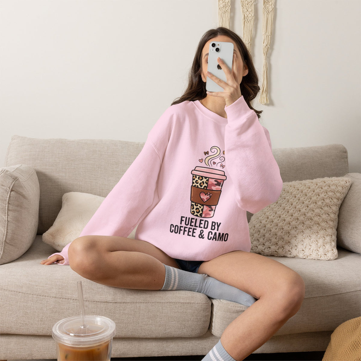 Coffee Lover Sweatshirt — Pink Leopard Coffee Cup Graphic Crewneck