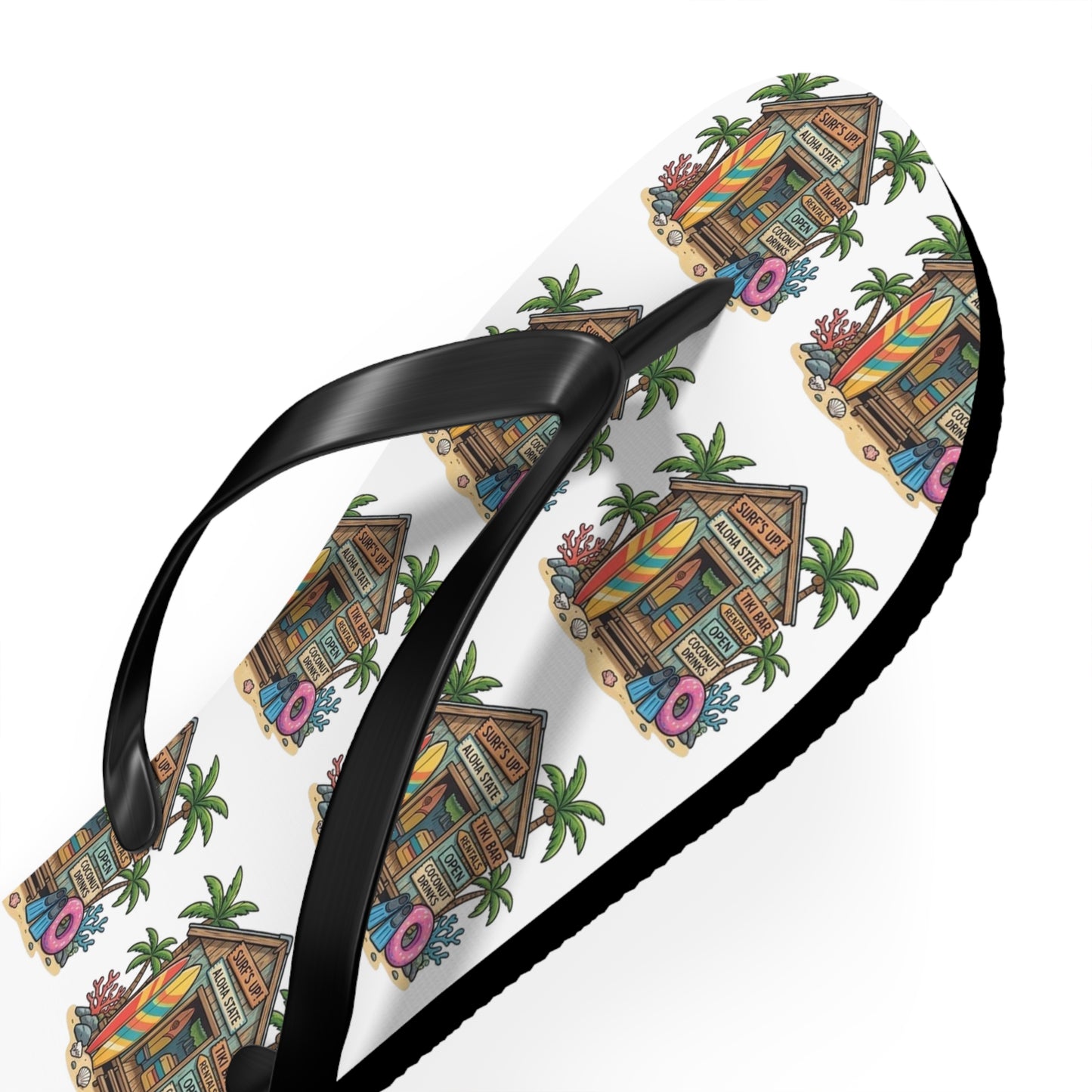 Tropical Beach Hut Flip Flops — Colorful Surfboard & Palm Pattern Summer Sandals