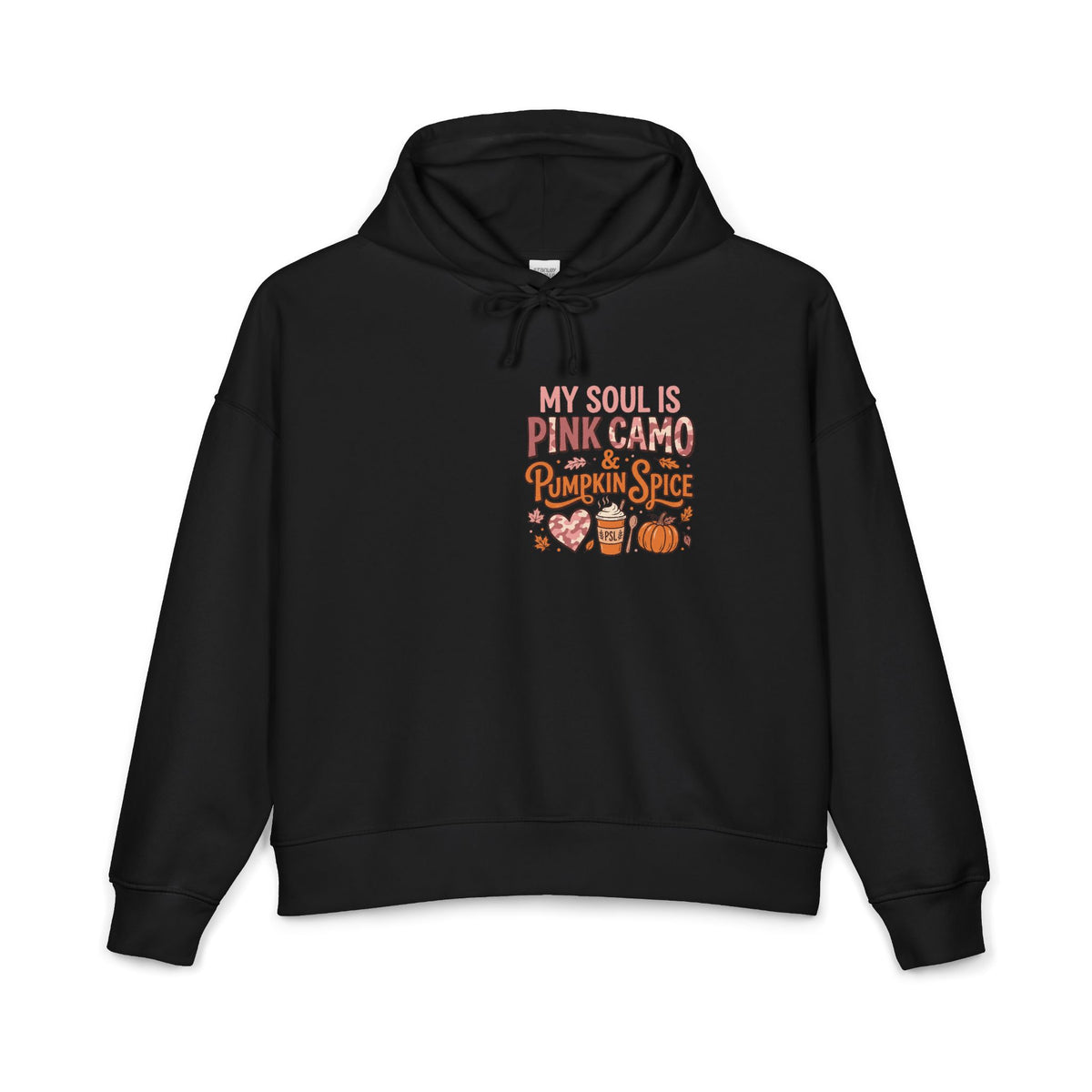 Pink Camo & Pumpkin Spice Hoodie — "My Soul Is Pink Camo & Pumpkin Spice" Fall Graphic Hoodie