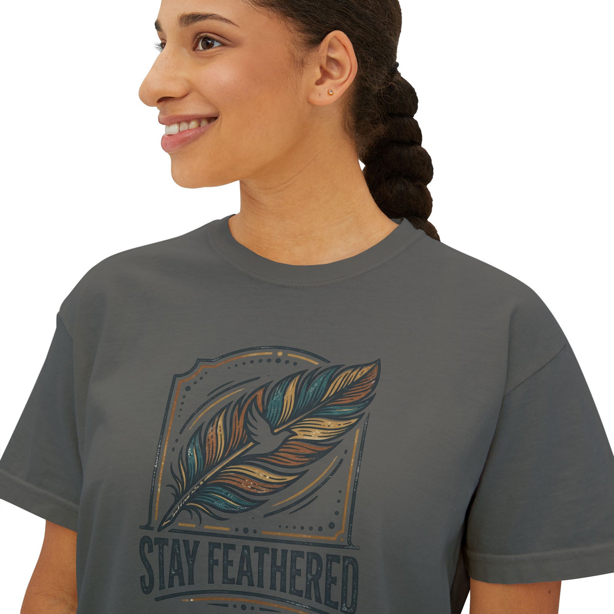 Stay Feathered Women's Boxy Tee — Boho Feather Graphic Tee