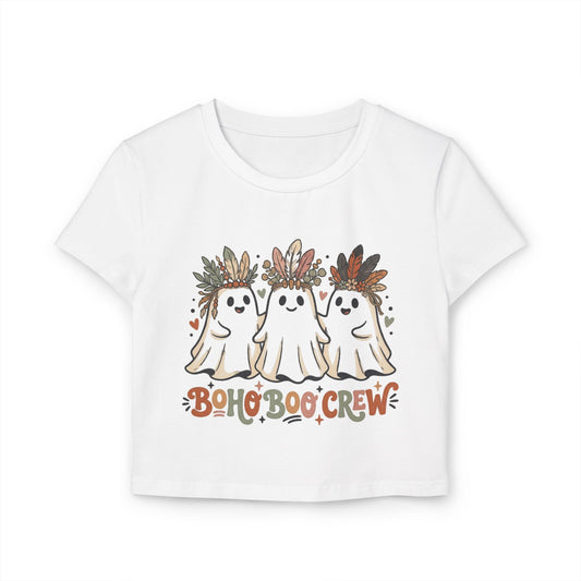 Boho Dog Crew Women’s Baby Tee — Cute Bohemian Puppy Graphic Crop Top