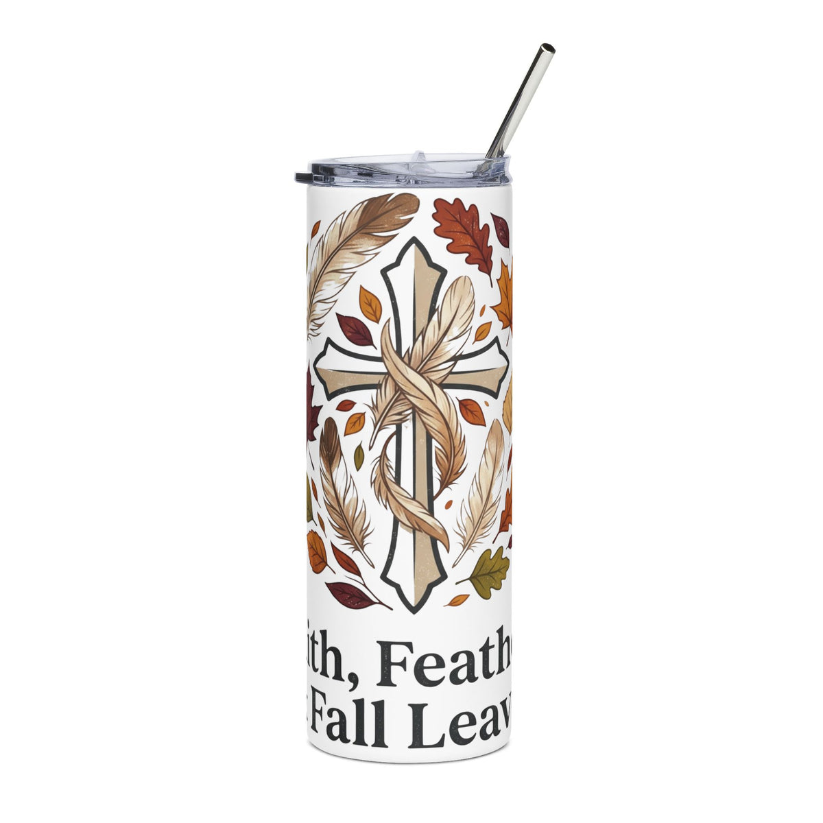 Faith Cross Tumbler — Autumn Leaves & Feathers 20oz Stainless Steel Travel Cup
